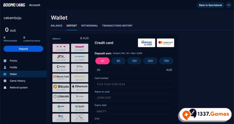 Boomerangbet.io new bookmaker deposit