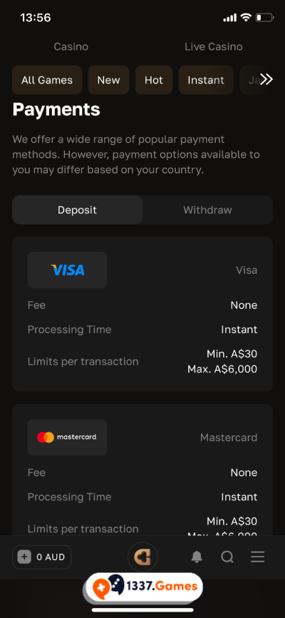 Online Deposit in Mobile Casino