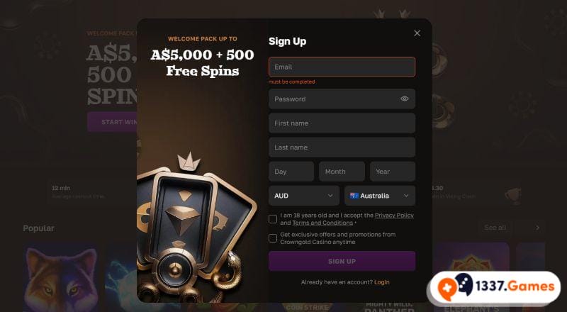 Crowngold casino AU signup