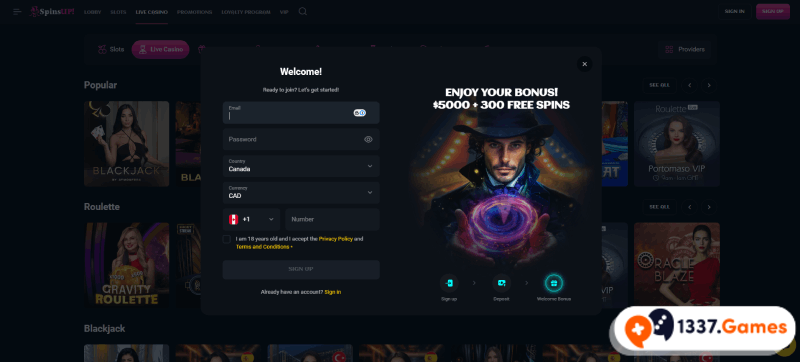 Registration at SpinsUp Casino