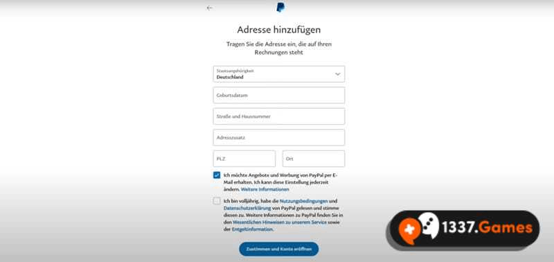 Paypal Adresse eingeben
