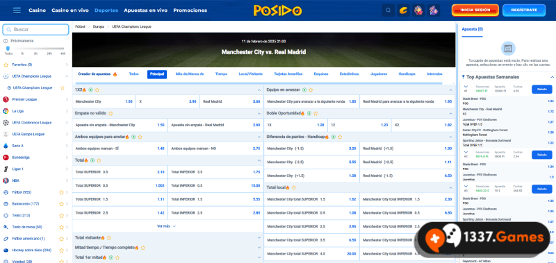 elija el partido de la liga de campeones en el sitio de apuestas