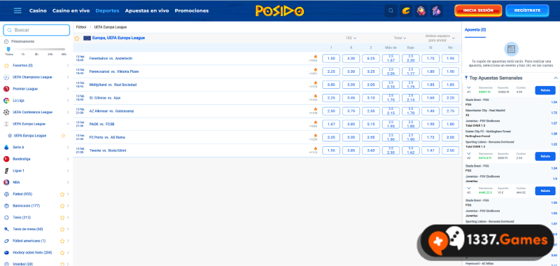 elija Europa League en el sitio de apuestas