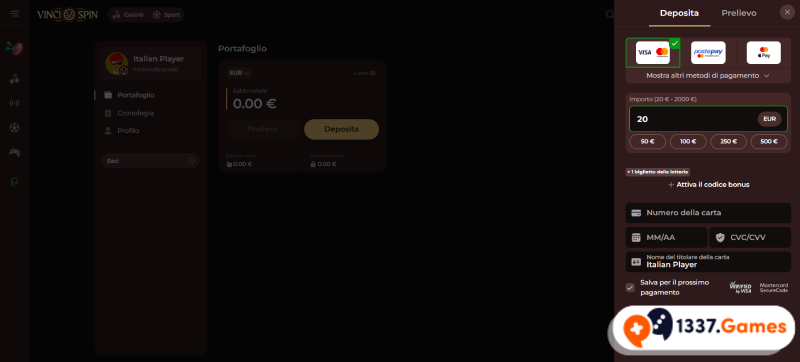 Deposito al casinò VinciSpin