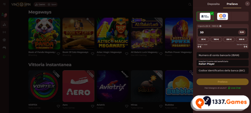 prelivo nel casinò VinciSpin