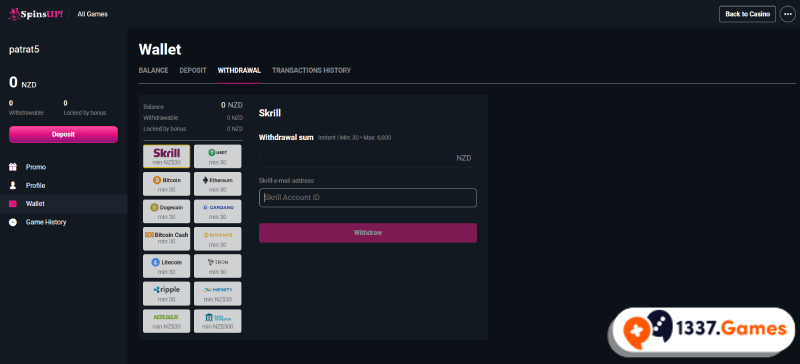 withdraw section in fast payout casino site