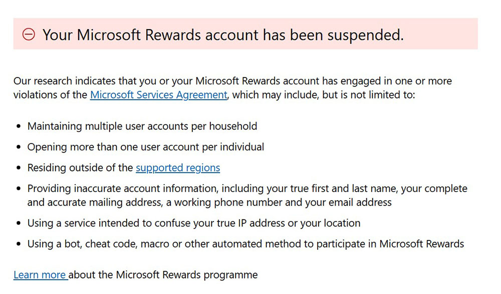 Microsoft Rewards Ban